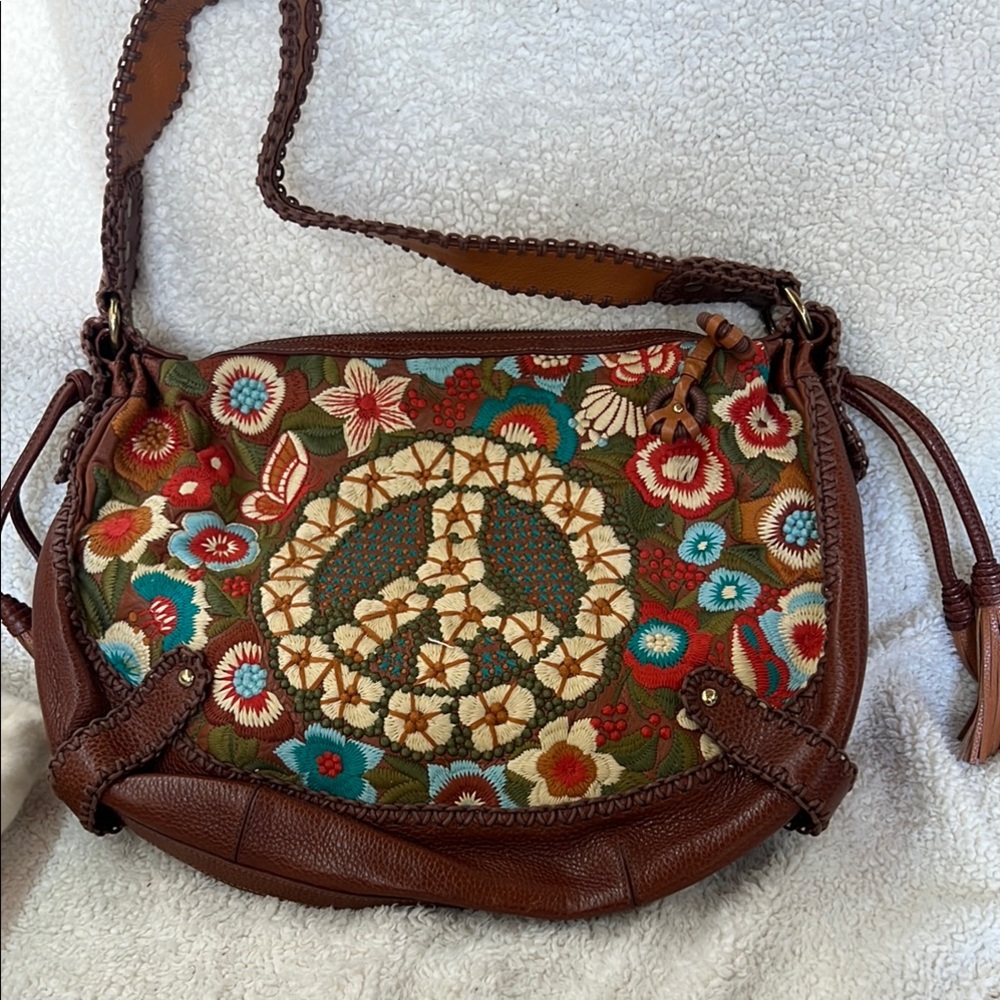 Isabella Fiore Brown Crossbody Bag with Bohemian Peace Design